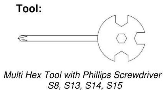 Tool: Multi Hex Tool with Phillips Screwdriver S8, S13, S14, S15