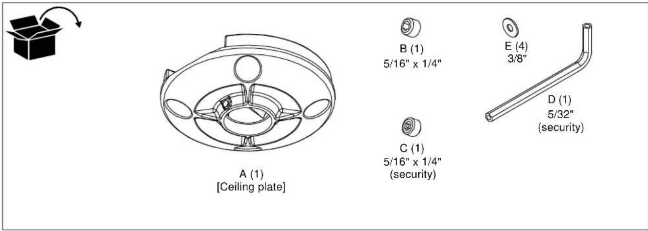A (1) [Ceiling plate] B (1) 5/16" x 1/4" C (1) 5/16" x 1/4" (security) E (4) 3/8" D (1) 5/32" (security)