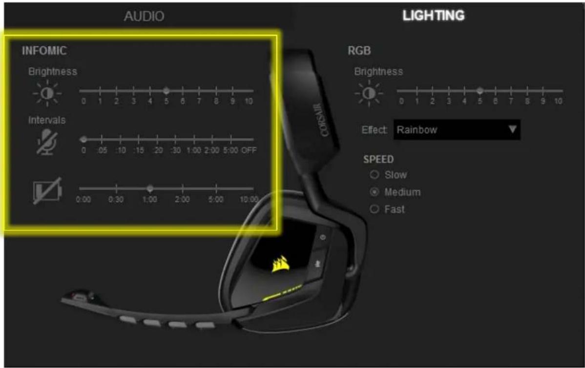 AUDIO INFOMIC Brightness 0 1 2 3 4 5 6 7 8 9 10 Intervals 0 :05 :10 :15 :20 :30 1:00 2:00 5:00 OFF 0:00 0:30 1:00 2:00 5:00 10:00 LIGHTING RGB Brightness Effect: Rainbow SPEED Slow Medium Fast