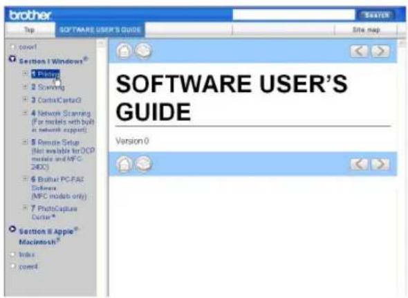 brother Top SOFTWARE USER'S GUIDE SINN Site map SOPR1 Section I Windows® 3. Plarity 2. Scanning 3. ControlCenterG 4. Network Scanning (for models with built at network support) 5. Remote Setup (Met available for OCP models and MPC 2400) 6. Brother PC-FAZ Software (MPC models only) 7. PhotoCapture Center® Section II Apple® Macintosh® Index cored SOFTWARE USER'S GUIDE Version 0