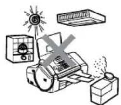 Diagram illustrating a printer emitting exhaust heat, with labeled components including a sun icon and a warning symbol.