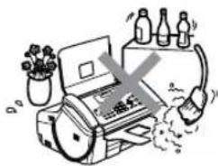 Illustration of a printer with a crossed-out paper, showing a pile of flowers and bottles above it.