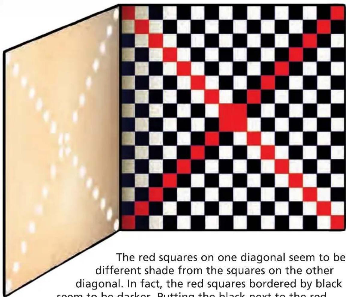 The red squares on one diagonal seem to be different shade from the squares on the other diagonal. In fact, the red squares bordered by black seem to be darker. Putting the black next to the red
