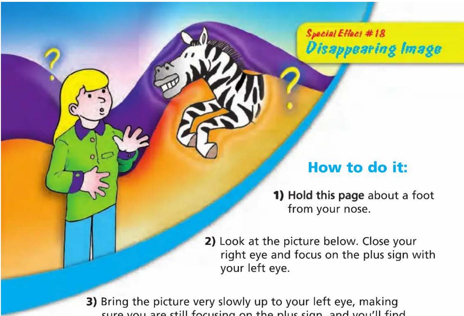 Special Effect #18 Disappearing Image How to do it: 1) Hold this page about a foot from your nose. 2) Look at the picture below. Close your right eye and focus on the plus sign with your left eye. 3) Bring the picture very slowly up to your left eye, making sure you are still focusing on the plus sign, and you'll find