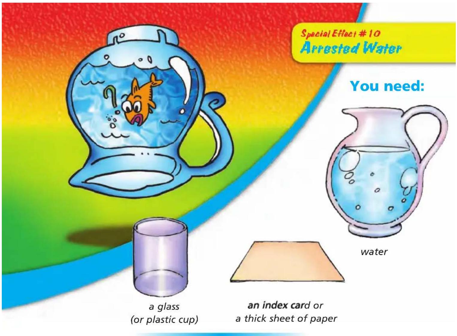 Special Effect #10 Arrested Water You need: water a glass (or plastic cup) an index card or a thick sheet of paper