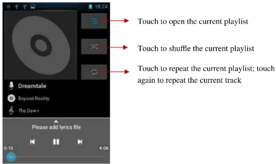 Touch to open the current playlist Touch to shuffle the current playlist Touch to repeat the current playlist; touch again to repeat the current track Dreamtale Beyond Reality The Dawn Please add lyrics file 0:10 4:06