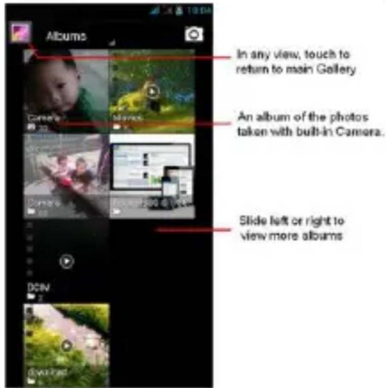 Albums In any view, touch to return to main Gallery An album of the photos taken with built-in Camera. Slide left or right to view more albums