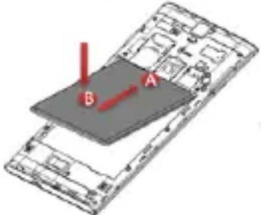 Diagram of a smartphone with labeled components A and B, showing internal layout and red directional arrows indicating movement or force.