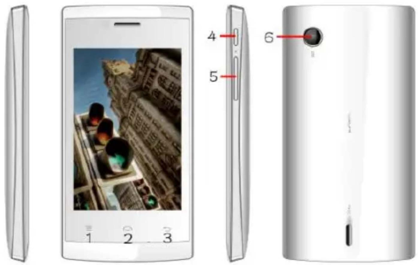 Diagram of a smartphone showing front, side, and top views with labeled parts and a cityscape photo