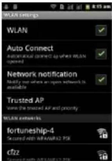 WLAN settings WLAN Auto Connect AUTOCONNECT CONNECT AP WHEN WLAN opened Network notification Modify map where an open network is available Trusted AP Where the trusted AP and priority WLAN networks fortuneship-4 Secured with WPA/WRA2 PSK cfzz