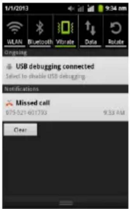 1/1/2013 WLAN Bluetooth Vibrate Data Rotate Ongoing USB debugging connected Select to disable USB debugging Notifications Missed call 075-521-601793 9:33 AM Clear