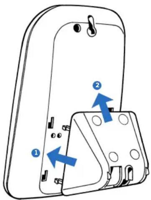 Diagram of a device showing two labeled parts with blue arrows indicating movement or assembly.