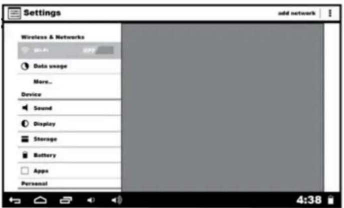 Settings Wireless & Networks Data usage More... Device Sound Display Storage Battery Apps Personal 4:38