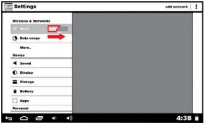 Settings add network Wireless & Networks Wi-Fi Data usage More... Device Sound Display Storage Battery Apps Personal 4:38