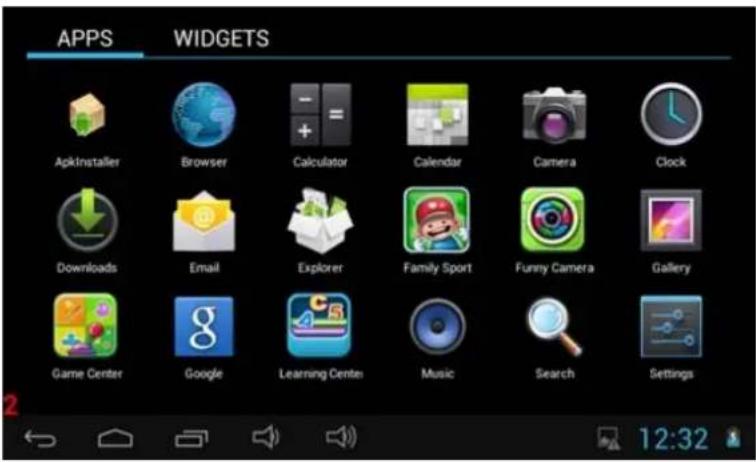 APPS WIDGETS Apkinstaller Browser Calculator Calendar Camera Clock Downloads Email Explorer Family Sport Funny Camera Gallery Game Center Google Learning Center Music Search Settings 12:32