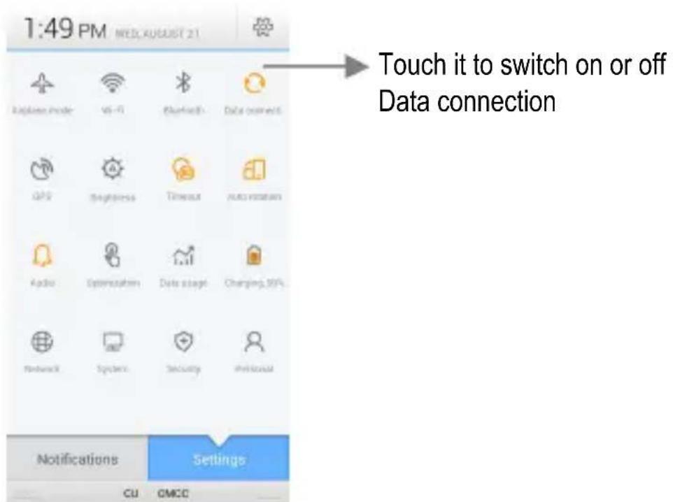 1:49 PM NEED AUGUST 21 Touch it to switch on or off Data connection Notifications Settings CU OMCC