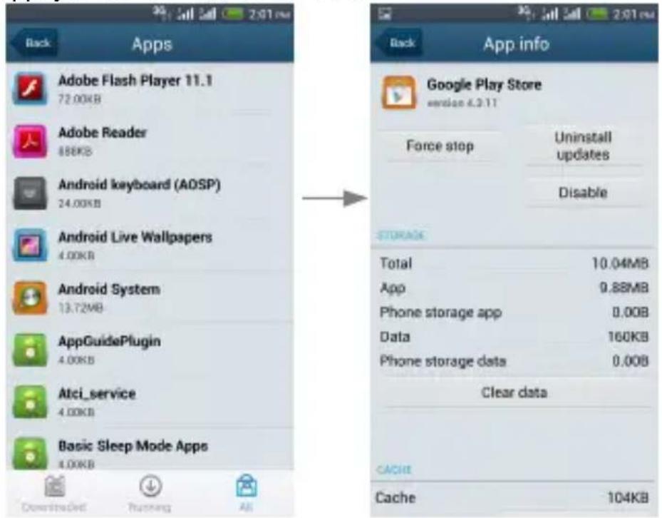 Back Apps Adobe Flash Player 11.1 72.00KB Adobe Reader 88KB Android keyboard (ADSP) 24.00KB Android Live Wallpapers 4.00KB Android System 13.72MB AppGuidePlugin 4.00KB Atcl_service 4.00KB Basic Sleep Mode Apps 4.00KB Downstream Running All App info Google Play Store version 4.3.11 Force stop Uninstall updates Disable STORAGE Total 10.04MB App 9.88MB Phone storage app 0.00B Data 160KB Phone storage data 0.00B Clear data CACHE Cache 104KB