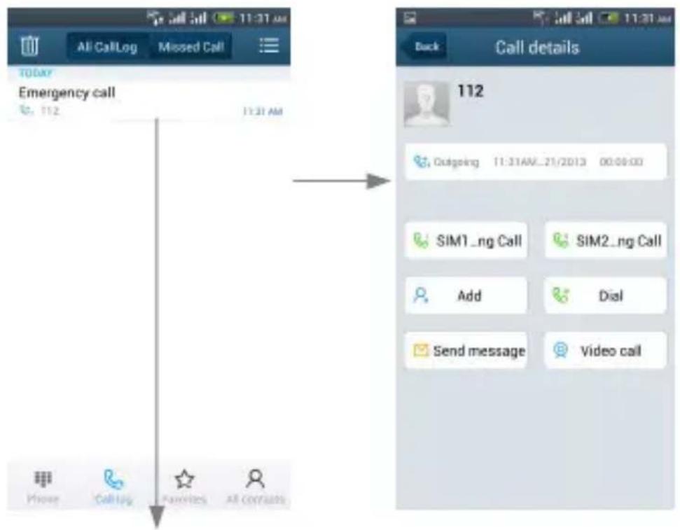 Call call 11:31 AM All CallLog Missed Call TODAY Emergency call 11:31 AM Phone Call Log Favorites All Consets Call details 112 Outgoing 11:31AM_21/2013 00:00:00 SIM1_ng Call SIM2_ng Call Add Dial Send message Video call