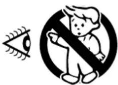 Safety warning symbol showing a child crossed out of a circle with an eye icon and a prohibition sign.