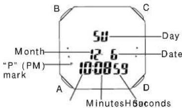 B C 50 Day Month 12.6 Date "P" (PM) mark 10:08:59 A D Minutes/6 seconds