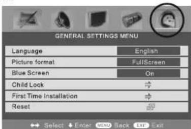 GENERAL SETTINGS MENU Language English Picture format FullScreen Blue Screen On Child Lock First Time Installation Reset Select Enter MENO Back EXIT Exit