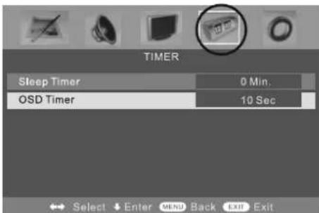 TIMER Sleep Timer 0 Min. OSD Timer 10 Sec Select Enter Mend Back Exit Exit