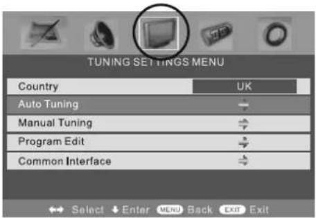 TUNING SETTINGS MENU Country UK Auto Tuning → Manual Tuning → Program Edit → Common Interface → Select Enter MENU Back EXIT Exit