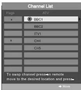 Channel List Flags ATV x BBC1 BBC2 ITV1 x CH4 CH5 To swap channel press-on remote move to the desired location and press- Move