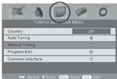 TUNING SETTINGS MENU Country UK Auto Tuning Manual Tuning Program Edit Common Interface