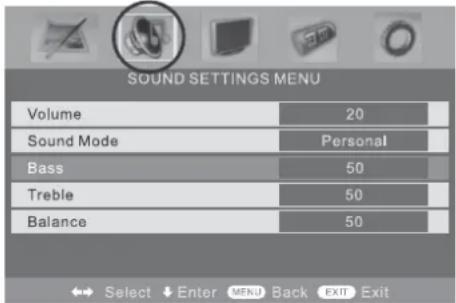 SOUND SETTINGS MENU Volume 20 Sound Mode Personal Bass 50 Treble 50 Balance 50 Select Enter MEN Back EXIT Exit