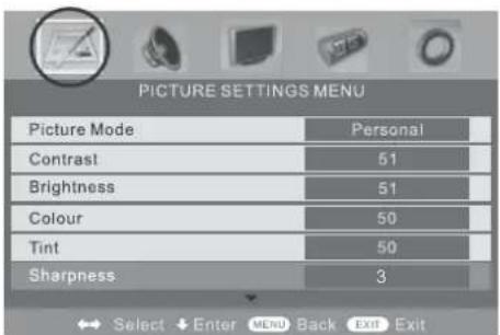 PICTURE SETTINGS MENU Picture Mode Personal Contrast 51 Brightness 51 Colour 50 Tint 50 Sharpness 3 Select Enter MENU Back Exit Exit