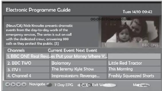 Electronic Programme Guide Tues 14/10 09:42 00:01-51-90SourceRichest (News/CA) Nick Knowles presents dramatic events from the day-to-day work of the emergency services. The series is out on call with the dedicated crews, answering 999 calls as they protect the public. [S] CHANNEL Current Event Next Event 1. BBC ONE Real Rescues Put your Money Where Y... 2. BBC TWO Balamory Little Red Tractor 3. ITV 1 The Jeremy Kyle Show.This Morning 4. Channel 4 Impressionism: Revenge... Freshly Squeezed Shorts Navigate 7 Day EPG Exit Of Exit Watch Me Display
