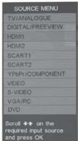 SOURCE MENU TV/ANALOGUE DIGITAL/FREEVIEW HDMI1 HDMI2 SCART1 SCART2 YPbPr/COMPONENT VIDEO S-VIDEO VGA/PC DVD Scroll ↓ on the required input source and press OK