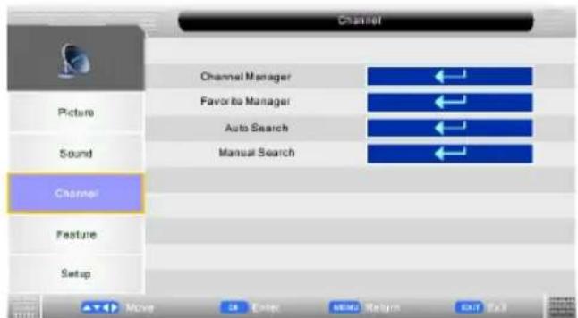 Channel Channel Manager Favorite Manager Auto Search Manual Search Picture Sound Channel Feature Setup Move Edit Remove Return Exit Exit