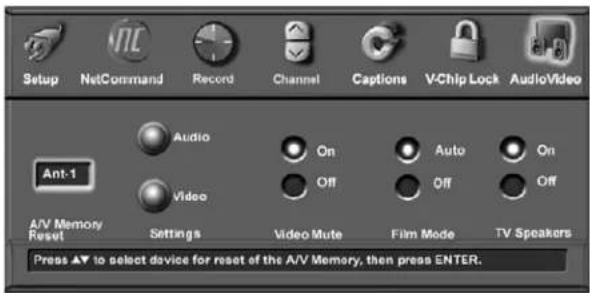 Setup NetCommand Record Channel Captions V-Chip Lock AudioVideo Audio On Auto On Ant-1 Video Off Off Off A/V Memory Reset Settings Video Mute Film Mode TV Speakers Press ▲ to select device for reset of the A/V Memory, then press ENTER.