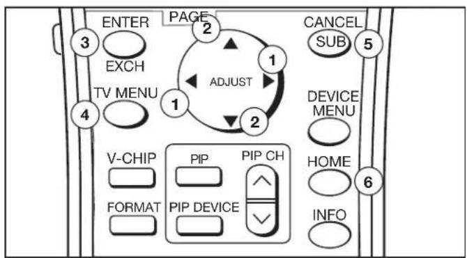 ENTER EXCH TV MENU PAGE ADJUST V-CHIP FORMAT PIP PIP DEVICE PIP CH CANCEL SUB DEVICE MENU HOME INFO