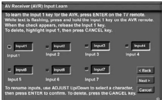 AV Receiver (AVR) Input Learn To learn the Input 1 key for the AVR, press ENTER on the TV remote. While text is flashing, press and hold the Input 1 key on the AVR remote. When the check appears, release the Input 1 key. To delete, highlight Input 1, then press CANCEL key. Input 1 Input 2 Input 3 Input 4 Input 5 Input 6 Input 7 < Back Next > Cancel To rename inputs, use ADJUST Up/Down to select a character, then press ENTER to confirm. To delete, press the CANCEL key.