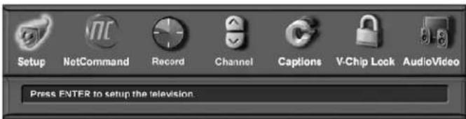 Setup NetCommand Record Channel Captions V-Chip Lock AudioVideo Press ENTER to setup the television.