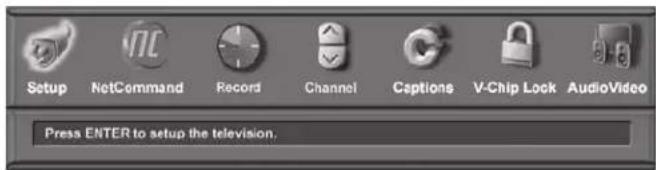 Setup NetCommand Record Channel Captions V-Chip Lock AudioVideo Press ENTER to setup the television.