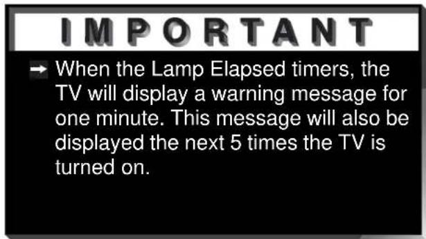 IMPORTANT → When the Lamp Elapsed timers, the TV will display a warning message for one minute. This message will also be displayed the next 5 times the TV is turned on.
