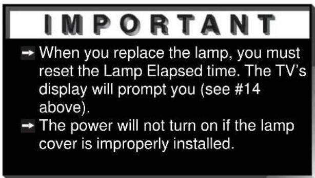 IMPORTANT → When you replace the lamp, you must reset the Lamp Elapsed time. The TV's display will prompt you (see #14 above). → The power will not turn on if the lamp cover is improperly installed.