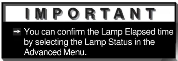 IMPORTANT → You can confirm the Lamp Elapsed time by selecting the Lamp Status in the Advanced Menu.