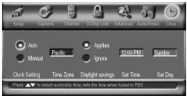 Setup Captions Channel VChip Lock Advanced Audio/Video Clock Auto Pacific Applies 12:00 PM Sunday Manual Ignore Clock Setting Time Zone Daylight savings Set Time Set Day Press ▲▼ to select automatic time, sets the time when tuned to PBS
