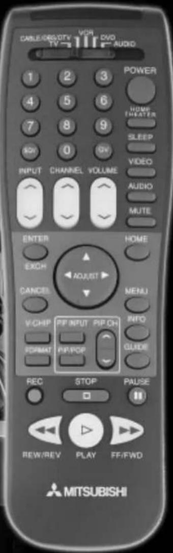 CABLE/ORG/DTV VCH DVD TV AUDIO POWER 1 2 3 4 5 6 7 8 9 SOY 0 GV INPUT CHANNEL VOLUME ENTER HOME EXCH ADJUST CANCEL MENU VCHIP PIP INPUT PIP ON FORMAT PIP/POP GLIDE REC STOP PAUSE REW/REV PLAY FF/FWD MITSUBISHI