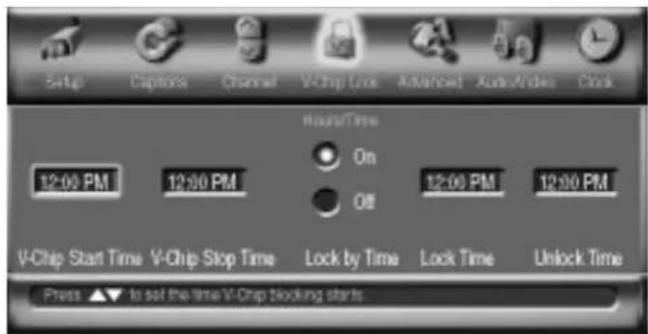 Setup Captors Channel VChip Lock Advanced Auto Video Clock Hours/Time 12:00 PM 12:00 PM On 12:00 PM 12:00 PM V-Chip Start Time V-Chip Stop Time Lock by Time Lock Time Unlock Time Press ▲▼ to set the time V-Chip blocking starts