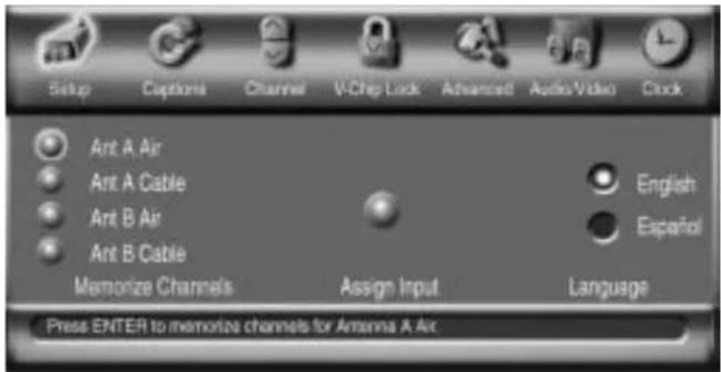 Setup Captions Channel V-Chip Lock Advanced Audio Video Clock Art A Air Art A Cable Art B Air Art B Cable Memorize Channels Assign Input English Español Language Press ENTER to memorize channels for Antenna A Air.