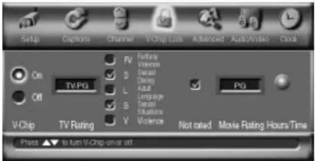Setup Captions Channel VChip Icon Advanced Auto/Video Click On TVPG FV Fuzzy Violence S Eggat Dining Aut Language Transfer Status V Violence PG Off V-Chip TV Rating Not rated Movie Rating Hours/Time Press ▲▼ to turn V-Chip on or off