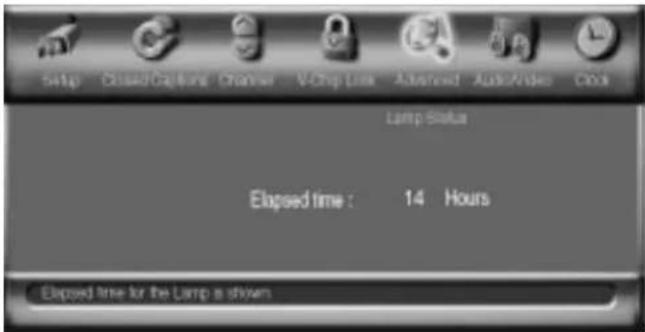 Setup Closed Call Link Channel VChip Link Advanced AutoVideo Clock Lamp Status Elapsed time : 14 Hours Elapsed time for the Lamp is driven