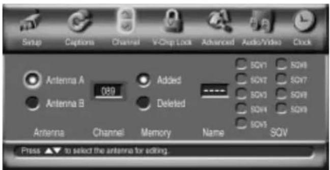 Setup Captions Channel V-Chip Lock Advanced Audio/Video Clock Antenna A 080 Added Antenna B Deleted SQV1 SQV2 SQV3 SQV4 SQV5 SQV6 SQV7 SQV8 SQV9 SQV10 SQV11 SQV12 SQV13 SQV14 SQV15 Antenna Channel Memory Name SQV Press ▲▼ to select the antenna for editing.