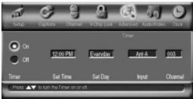 Setup Captors Channel VChip Use Advanced AudioVideo Clock Timer On 12:00 PM Everyday Anti-A 003 Off Timer Set Time Set Day Input Channel Press ▲▼ to turn the Timer on or off